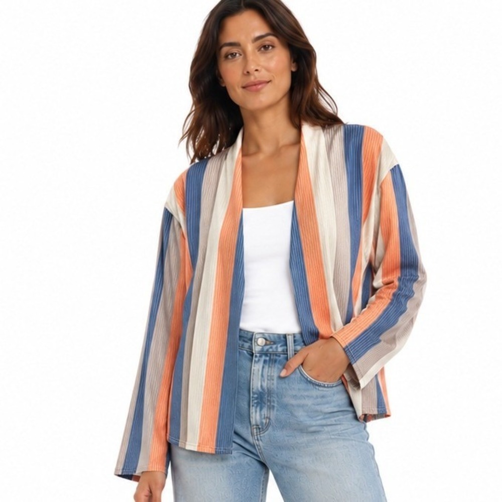 BOHO Multicolor Cardigan Top XL Blue Orange Striped New Open Front Lightweight